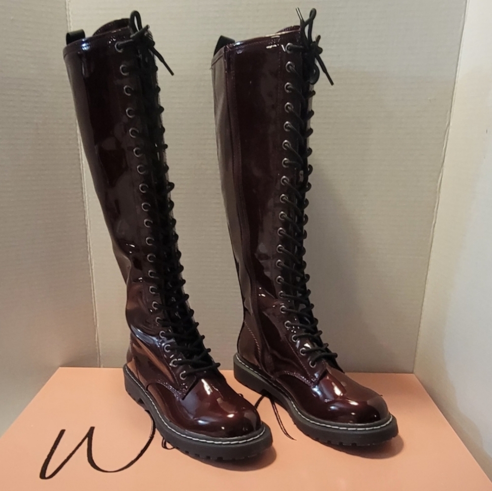 Wild Pair Glossy Maroon Lace-Up Boots New In Box